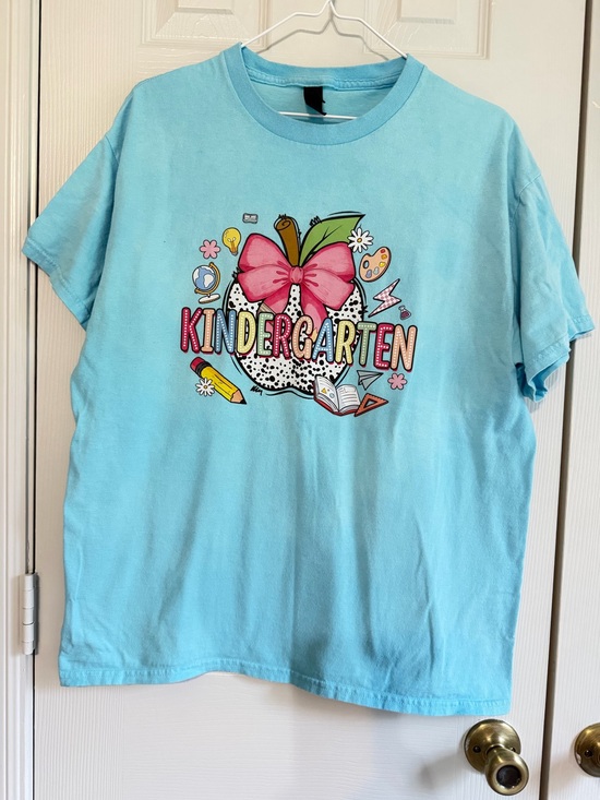 Gildan Tops - Gildan Light Blue Short Sleeve Kindergarten teacher Graphic Tee with Pink Bow
